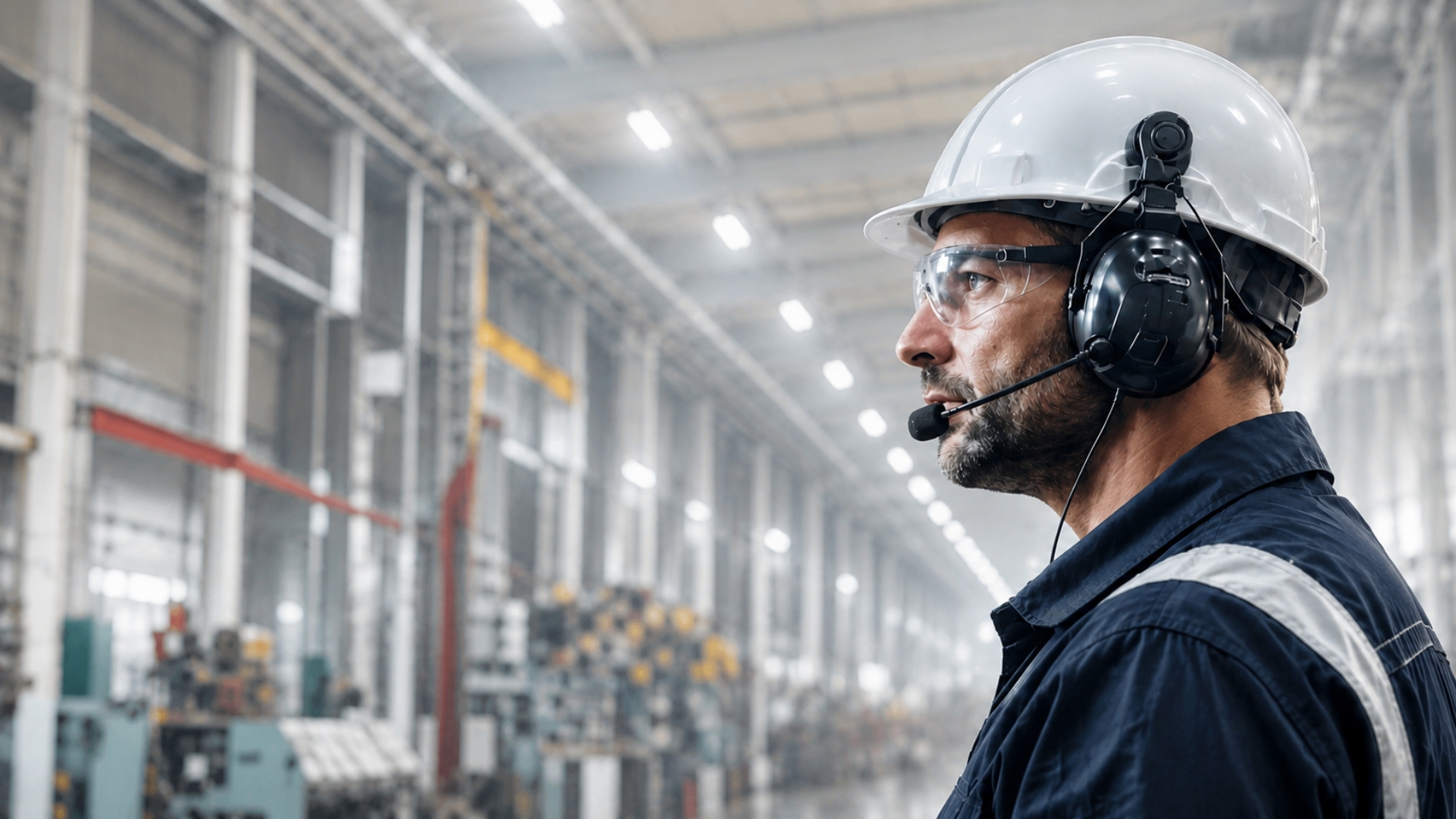 Personne avec casque de protection et micro-casque devant une onde sonore en environnement sombre