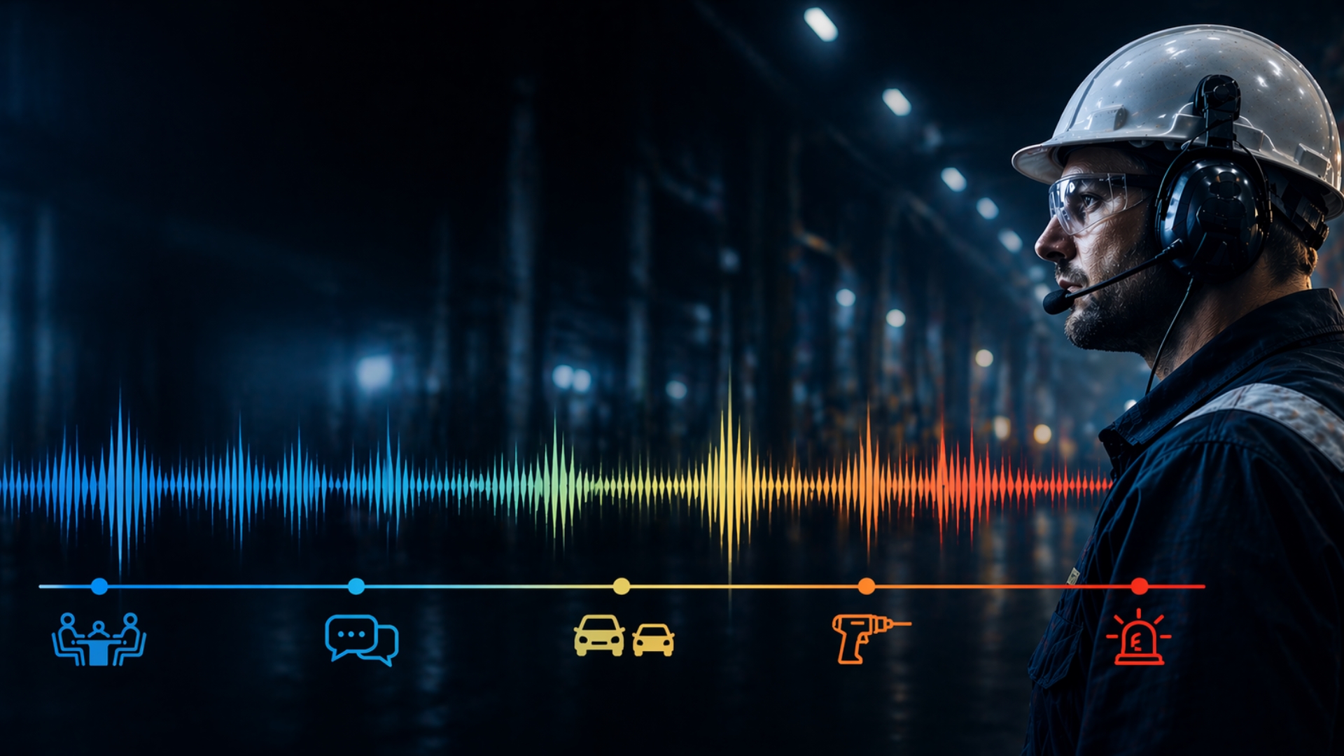 Personne avec casque de protection et micro-casque devant une onde sonore en environnement sombre