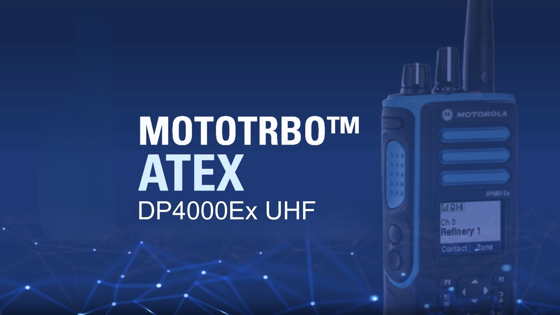 Un appareil radio Motorola MOTOTRBO DP4000Ex ATEX est pr&eacute;sent&eacute; sur un fond graphique.