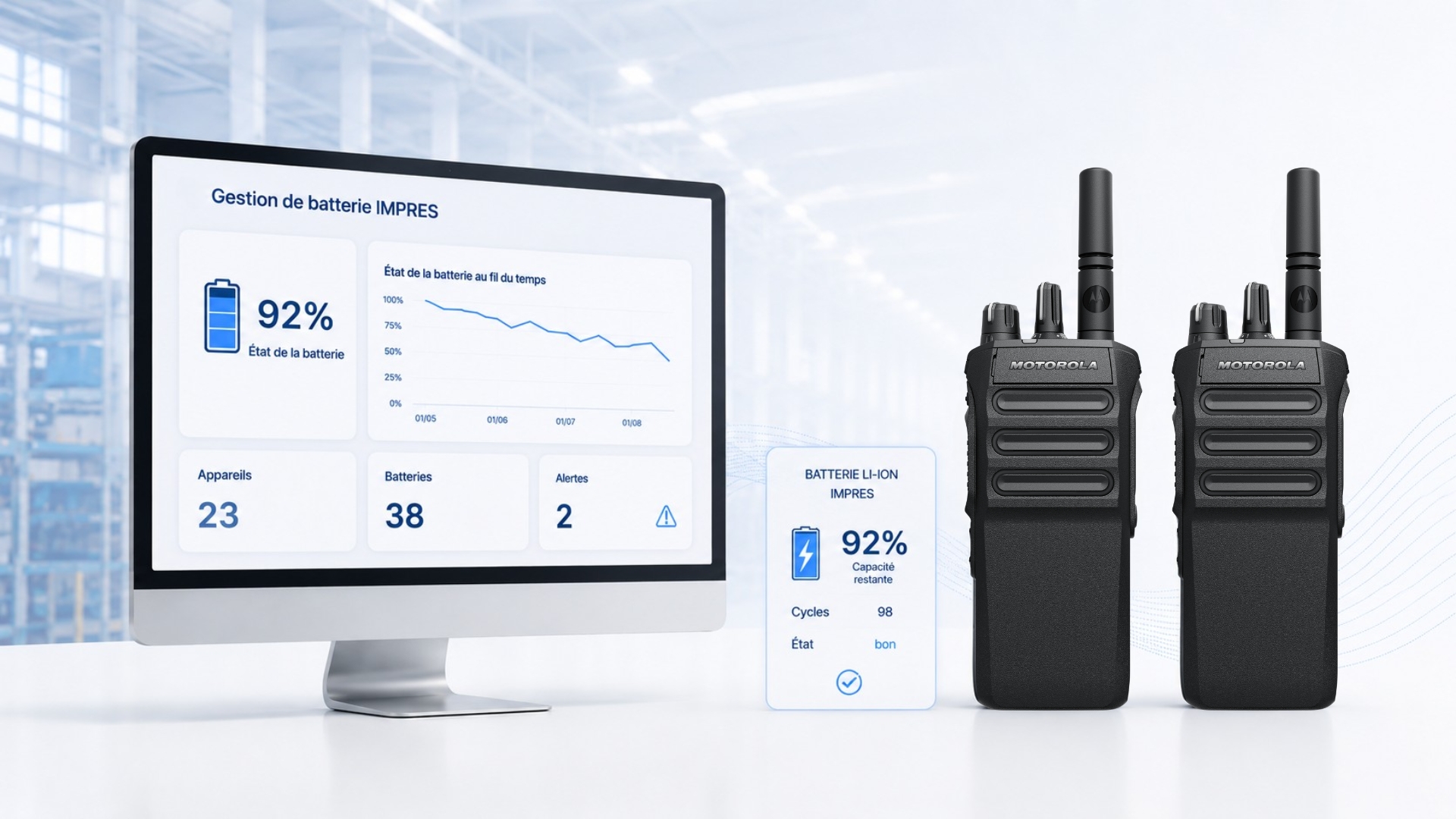 Écran de suivi IMPRES, signal OTA et deux radios MOTOTRBO avec état de batterie.