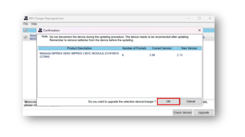 Une fen&ecirc;tre de confirmation demande l&rsquo;autorisation de lancer la mise &agrave; jour du micrologiciel du chargeur.